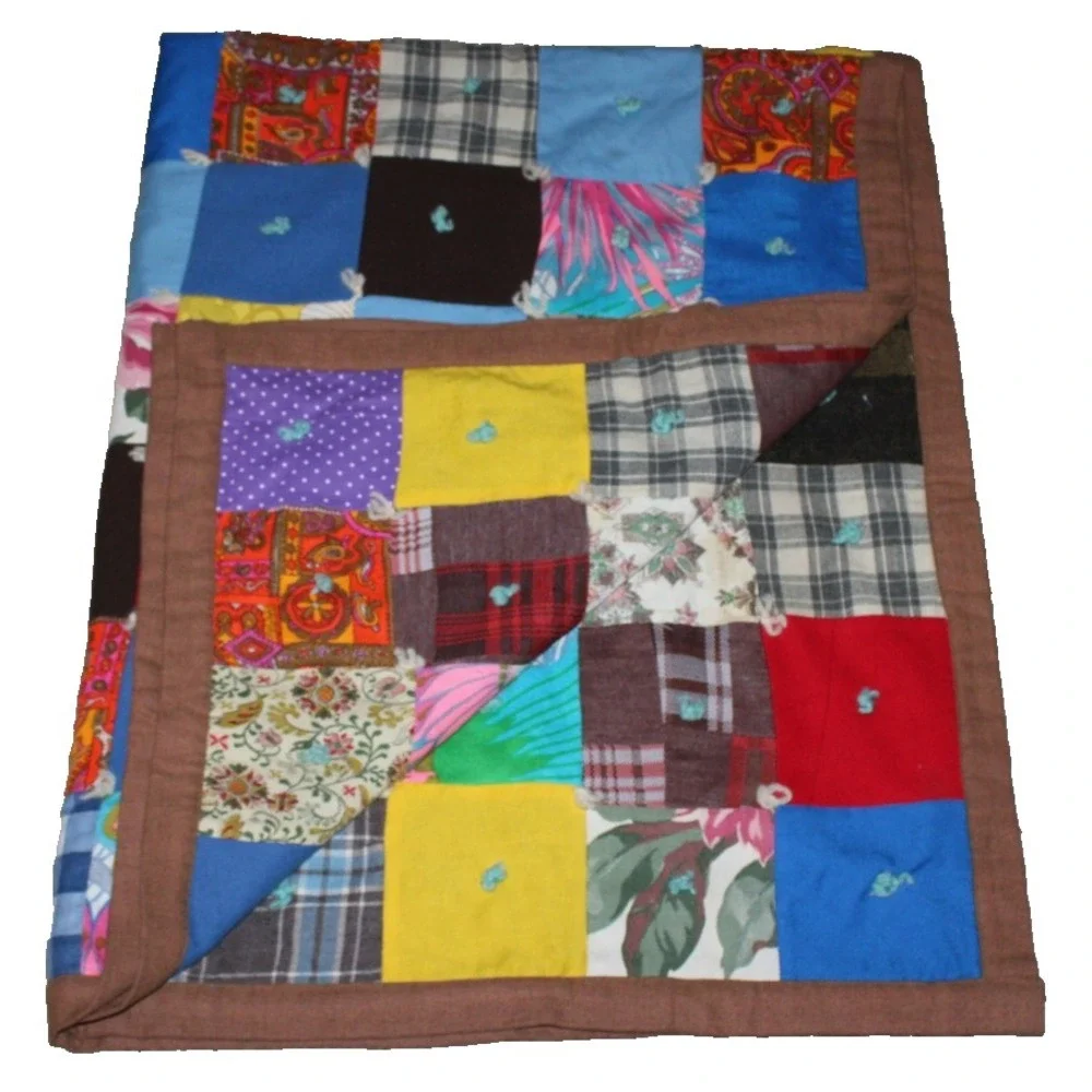 colorful vintage 1970s polyester patchwork quilt yarn ties 44